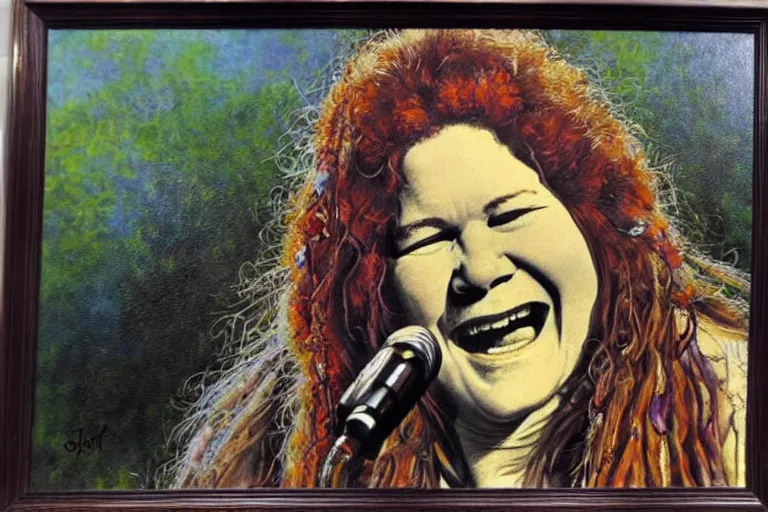 Prompt: highly detailed oil painting of janis joplin playing in woodstock, very realistic, top view, art nouveau, dramatic light,