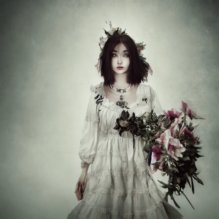 Image similar to hight focus of a wonderful realistic focused sweet wonderful symmetrical mid portrait of a lonely very beautiful lady, with a majestic cotton dress ornate by a realistic black lilies, image in center, dramatic light, octane render - 8 k