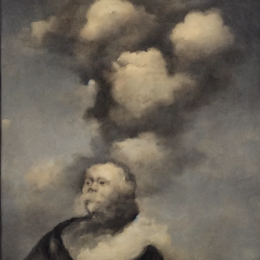 Prompt: Full figure portrait of a man whose head is a dark thundering cloud.