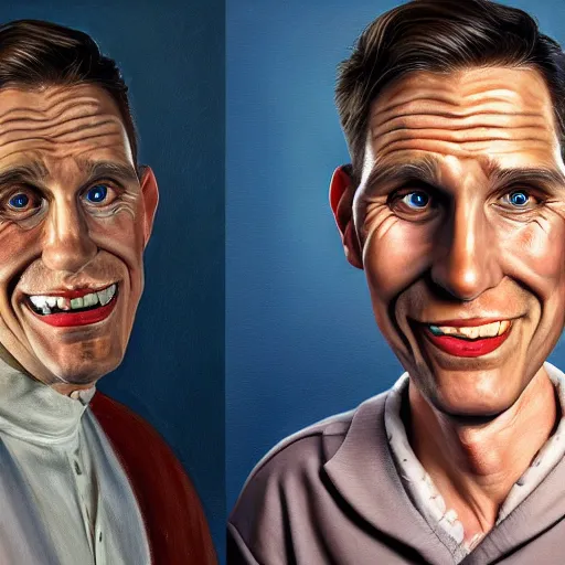 Image similar to Caricature portraits done of Jerma realistic, hyperrealistic, very realistic, highly detailed, very detailed, extremely detailed, detailed, oil painting, digital art, trending on artstation