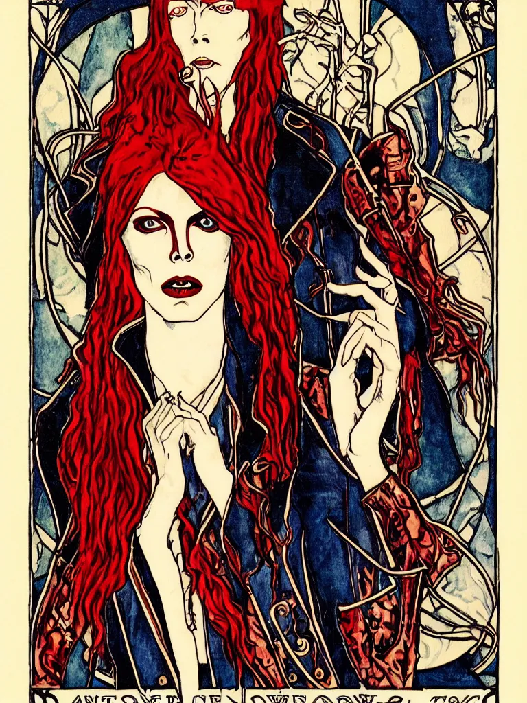 Prompt: art nouveau, David Bowie, one single figure, tarot card, The Vampire, leather jacket, jeans, long red hair, full body