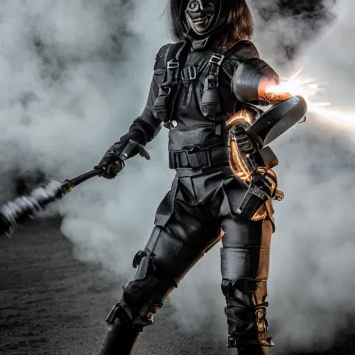 Prompt: photo of female warrior with jetpack and flamethrower