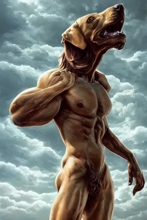 Prompt: Dog as a god, detailed face, gorgeous, amazing, flowing hair, very muscular male body, partial anatomy, stormy background, crepuscular ray, intricate, highly detailed, 8K, digital painting, fantasy, artstation, concept art, sharp focus, over-shoulder shot, illustration, art by Wayne Barlowe, hajime Sorayama alphonse mucha