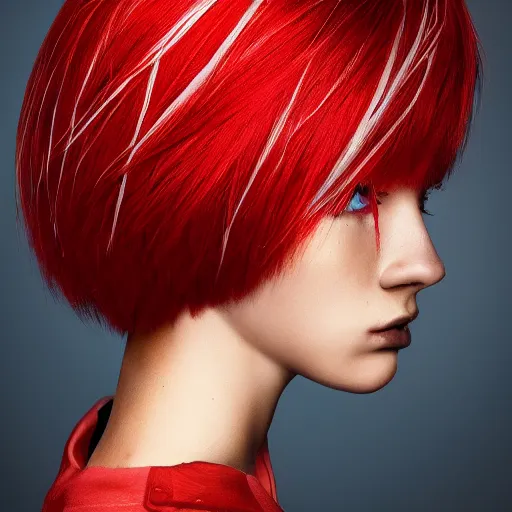 Image similar to fantsy haircut, detailed, photograph, award wining, red and white, trending on artstation, 4 k, neon highlights