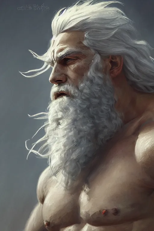 Image similar to painted portrait of rugged zeus, god of thunder, greek god, white hair, masculine, mature, handsome, upper body, muscular, hairy torso, fantasy, intricate, elegant, highly detailed, digital painting, artstation, concept art, smooth, sharp focus, illustration, art by gaston bussiere and greg rutkowski