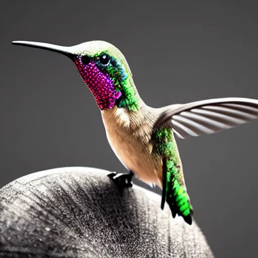 Prompt: realistic!!!! cybernetic!!!!!!!!!!!! Featherless hummingbird, studio lighting, dark background