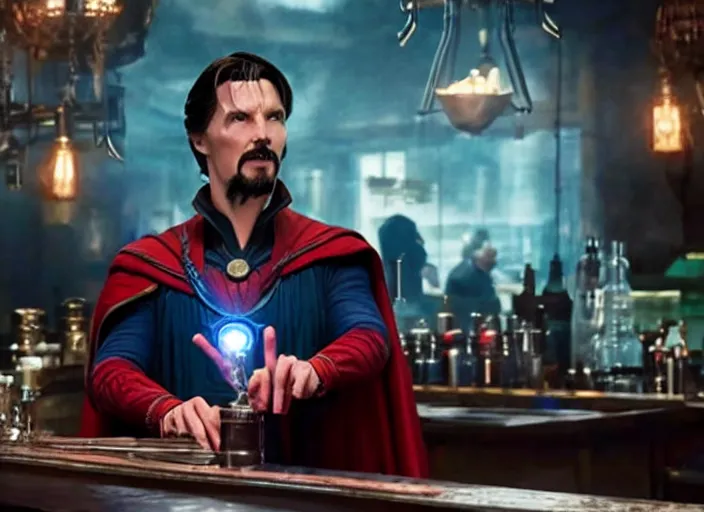 Prompt: film still of Doctor Strange working as a bartender in the new Avengers movie, 4k