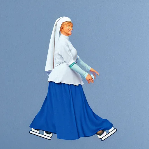 Image similar to blonde nun in blue clothes on roller skates, photorealistic, in the style of michaelangelo