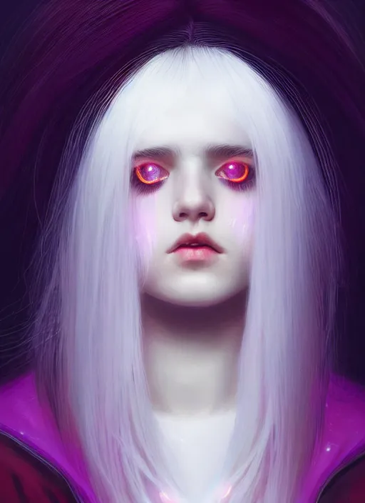 Image similar to hair whitebangs hair, white hair, whitebangsblackhair, portrait of teenage girl with white bangs, red irises, purple clothes, intricate, elegant, glowing lights, highly detailed, digital painting, artstation, concept art, sharp focus, illustration, art by wlop, mars ravelo and greg rutkowski