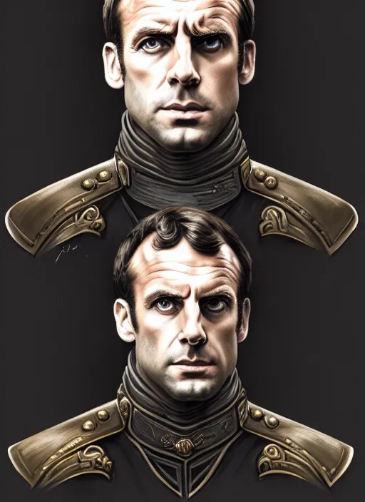 Image similar to portrait of stoic looking emmanuel macron as in the vigo carpathian painting, full body, military uniform, fantasy, intricate, elegant, beautiful, highly detailed, charcoal, centered, dark, smokey, digital painting, artstation, concept art, smooth, sharp focus, illustration, art by artgerm and greg rutkowski and alphonse mucha