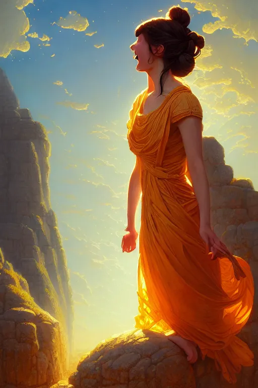 Image similar to high detail portrait, screaming woman wearing an ancient greek yellow paper tunic, stephen bliss, fantasy art by greg rutkowski, rhads, ferdinand knab, makoto shinkai and lois van baarle, ilya kuvshinov, rossdraws, tom bagshaw, global illumination, radiant light, ancient greek temple ruins, orange and blue color theme