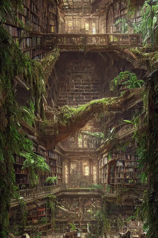 Prompt: decaying interior of an ( ( old library ) ) with a rainforest growing inside, highly detailed, intricate detail, beautiful 3 d rendering, octane render, hyperrealistic, trending on artstation, by greg rutkowski and simon stalenhag