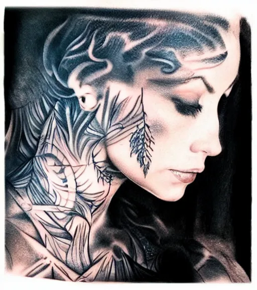 Image similar to realism tattoo sketch of a isabelledeltore face double exposure mountain scenery, in the style of matteo pasqualin, amazing detail, sharp, faded