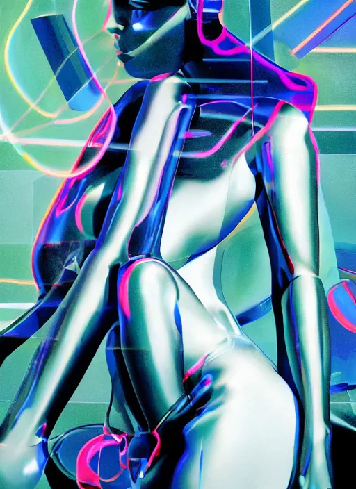 Prompt: futuristic lasers tracing, colorsmoke, fullbodysuit, pyramid hoodvisor, raindrops, wet, oiled, beautiful cyborg girl aphrodite pinup, by steven meisel, kaws, rolf armstrong, hannah af klint perfect geometry abstract acrylic, octane hyperrealism photorealistic airbrush collage painting, monochrome, neon fluorescent colors, minimalist rule of thirds, eighties eros