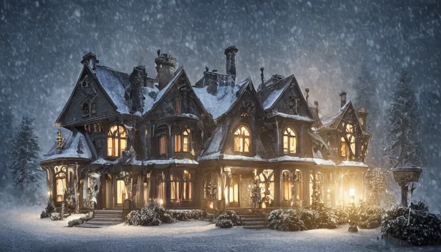 Image similar to Realistic image of a black Neo-Gothic manor with Christmas light built in a middle of snowy mountains with smoke coming out of the chimney at night, snowmen outside, hyperdetailed, artstation, cgsociety, 8k