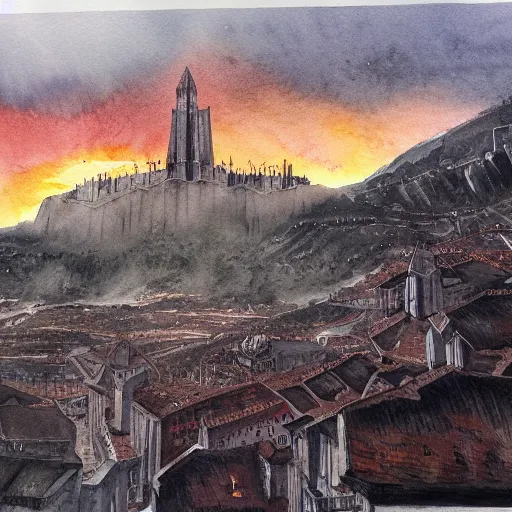 Image similar to minas tirith at sunrise. watercolor. trending on artstation.