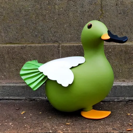 Image similar to a duck dressed as cabbage