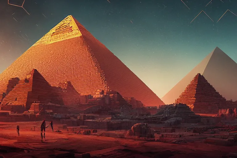 Image similar to ancient pyramids, cyberpunk art by mike winkelmann, trending on cgsociety, retrofuturism, reimagined by industrial light and magic, darksynth, sci - fi