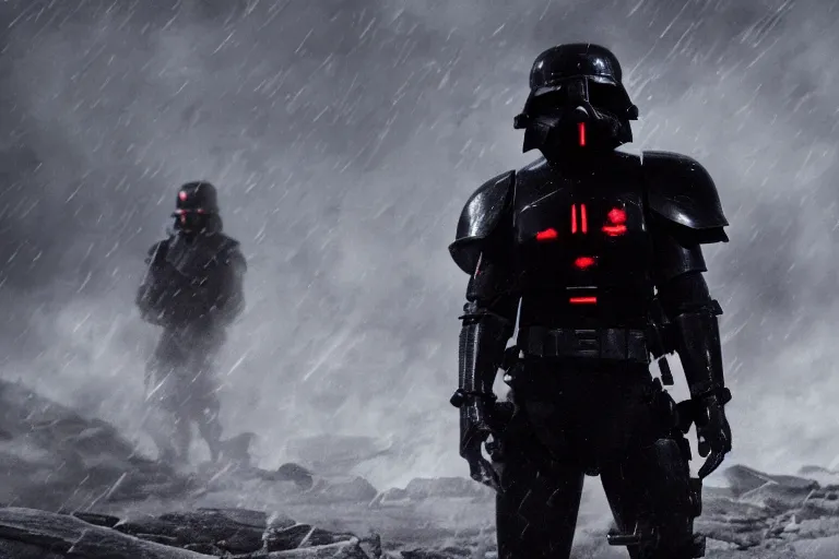 Image similar to reds eyes, all black armor, helghast soldier, kerberos panzer cop, sith trooper hybrid, in a still of illang the wolf brigade ( 2 0 1 8 ) film, vfx, post processed