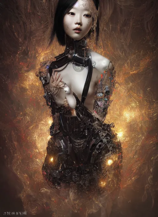 Image similar to portrait of a sensual cybernetic korean goth girl, inagi, modern fine art, fractal, intricate ornaments, elegant, highly detailed, digital photography, subsurface scattering, by jheronimus bosch and greg rutkowski,