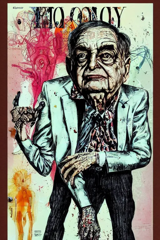 Image similar to George Soros full body shot, dollar bills Body horror, biopunk, by Ralph Steadman, Francis Bacon, Hunter S Thompson