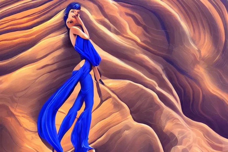 Image similar to futuristic female Goddess wearing luxurious royal blue suit relaxing at Antelope canyon, rocks formed by water erosion, walls made of beautiful smooth sandstone in unique shapes, light beams that shine through its walls, polish narrow slots of walls into a striated swirling finish, digital painting, concept art, smooth, sharp focus, from Star Trek 2021, illustration, by WLOP and Ruan Jia and Mandy Jurgens and William-Adolphe Bouguereau, Artgerm