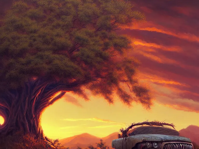 Image similar to close up of a oak tree growing inside a scrap car. overgrown. a soft golden red sunset over the mountains in the background. clouds. hyperrealistic, highly detailed, cinematic, beautiful, cgsociety, artstation, 8 k, oil painting by greg rutkowski, by artgerm, by wlop