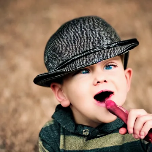 Image similar to blonde boy biting a hat