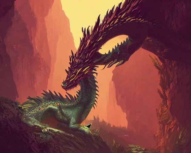 Prompt: Giant Dragon resting in a cave, natural light, dead plants and flowers, elegant, intricate, fantasy, atmospheric lighting, by Kilian Eng, Peter Morhbacher splash art,