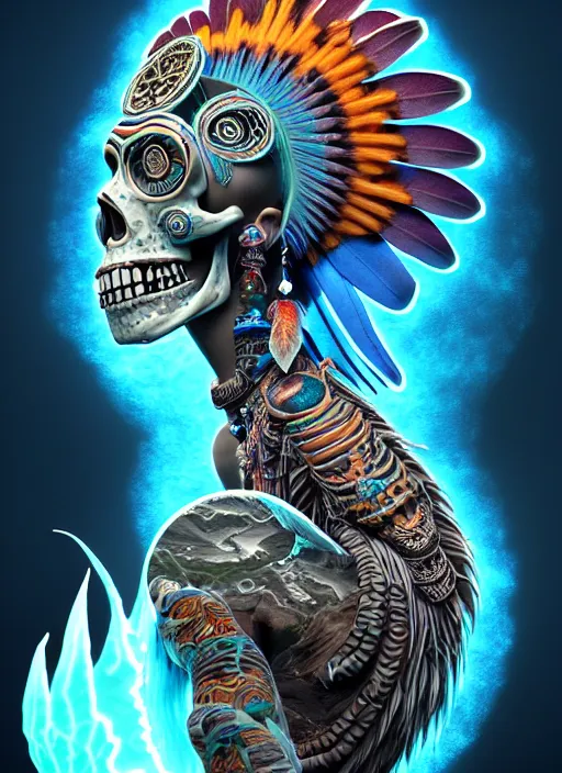 Image similar to 3 d shaman with tattoos profile portrait, sigma 5 0 0 mm f / 5. beautiful intricate highly detailed quetzalcoatl skull and feathers. bioluminescent, plasma, lava, ice, water, wind, creature, thunderstorm! artwork by tooth wu and wlop and beeple and greg rutkowski, 8 k trending on artstation,