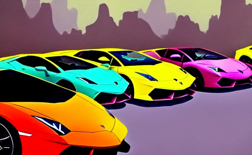 Image similar to a surreal colourful painting of a lamborghini surrounded by very very impressive female models