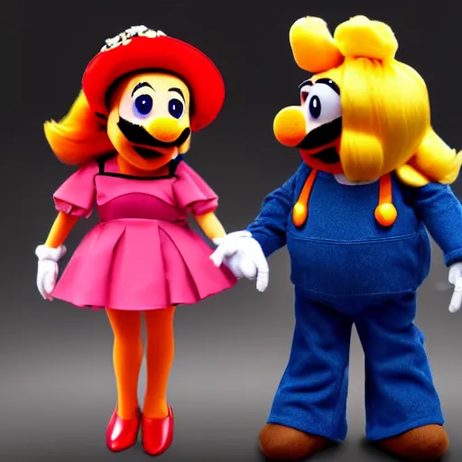 Prompt: A full body still of Mario and Princess Peach as muppets, photo real, photographic, photograph, artstation, trending, award winning, epic lighting, featured
