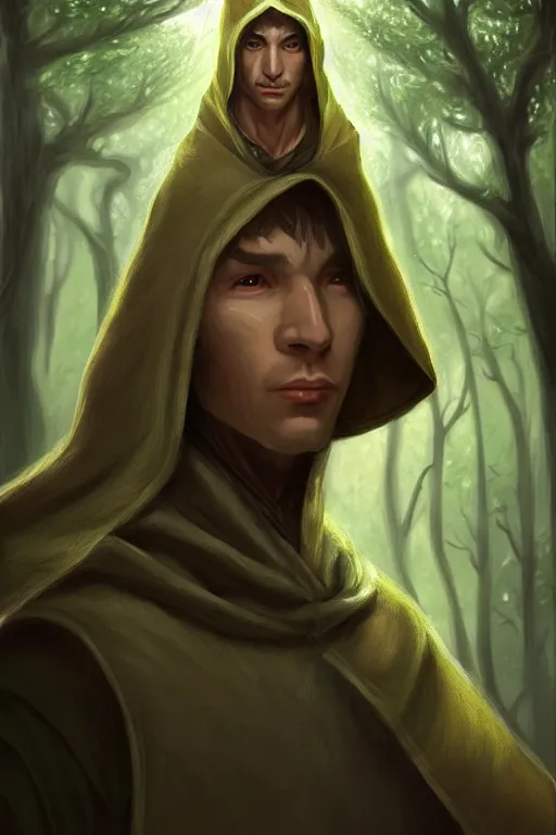 Image similar to beautiful, digital art, portrait painting of a male elf wizard, wearing linen hooded cloth. forest background. artstation, by bartek fedyczak, erak note, tooth wu, neil richards, kan liu, siwoo kim, jisu choe