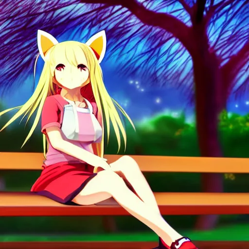 Image similar to picture of an anime girl with cat ears and long blond hair looking to her side, sitting on a bench with a park behind her, bokeh, anime art style, highly detailed, cartoon, cel - shaded, colorful, animated, trending