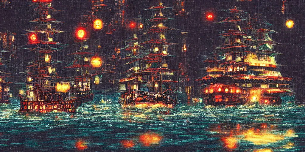 Prompt: cruiser sailing on flooded miniature kowloon city at night, raining, art by yoshitaka amano, and artgerm, pixel art