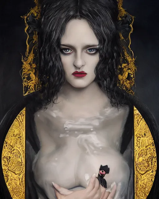 Image similar to a portrait of black furry shadow nightmare monster and human hybrid, long black velvet gown, gold necklaces, illustration, dramatic lighting, soft details, painting oil on canvas, art nouveau, octane render, HDR, 4k, 8k, HD, by Edmund Blair Leighton, Brom, Charlie Bowater, trending on artstation, Tom Bagshaw, faces by otto Schmidt