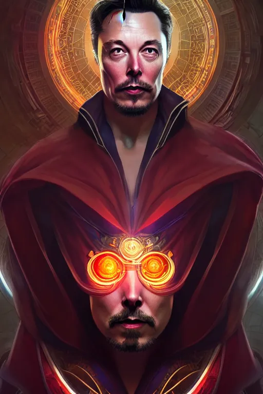 Image similar to elon musk as dr strange, realistic portrait, symmetrical, highly detailed, digital painting, artstation, concept art, smooth, sharp focus, illustration, cinematic lighting, art by artgerm and greg rutkowski and alphonse mucha