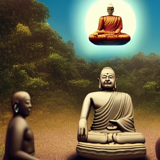 Image similar to hyperrealistic UFO abducting buddha