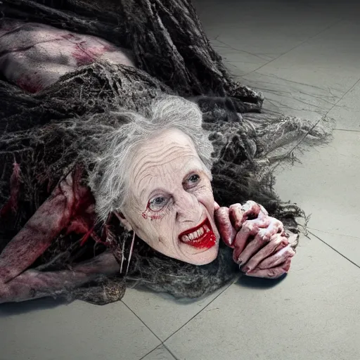 Image similar to an ultra realistic 8 k hdr photo of an elderly jagged raggedy witch woman circled up on the floor over a corpse with blood and meat and bones and mold and spider webs