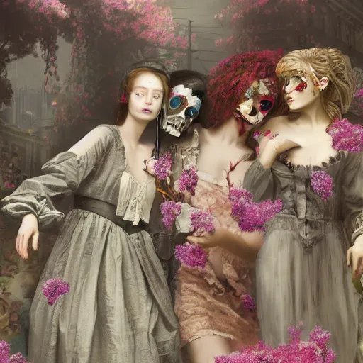 Image similar to 8k, octane render, cyberpunk painting, realism, tonalism, renaissance, rococo, baroque, group of creepy young ladies wearing long harajuku manga dress with flowers and skulls, background chaotic flowers