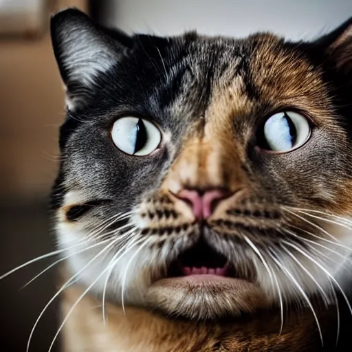 Image similar to cat with walrus tusks, photo taken in kitchen