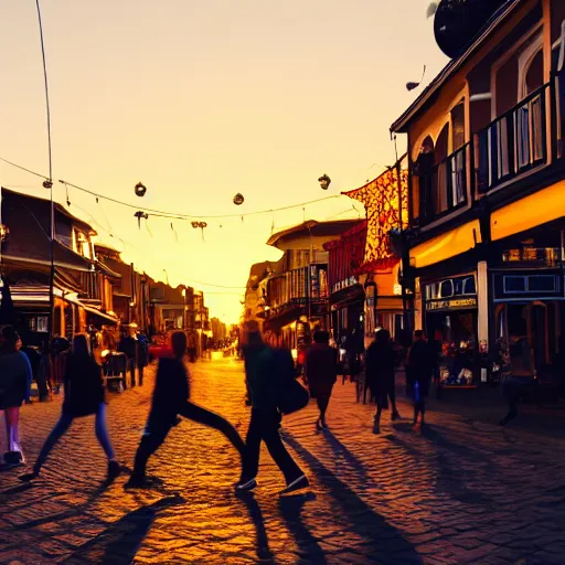 Image similar to people start to levitate into the sky while walking down seaside town street at dusk, warm colours, street photography