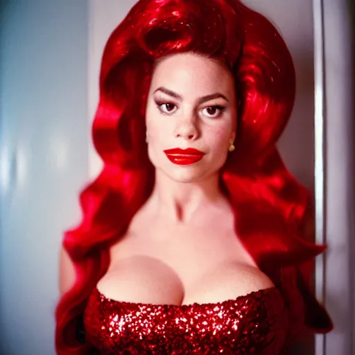 Image similar to film photography of captain sofia vergara as jessica rabbit, head and shoulders photography. red sequin ballgown dress. kodak ektar 4 0 0. canon f 1. 2. detailed, realistic