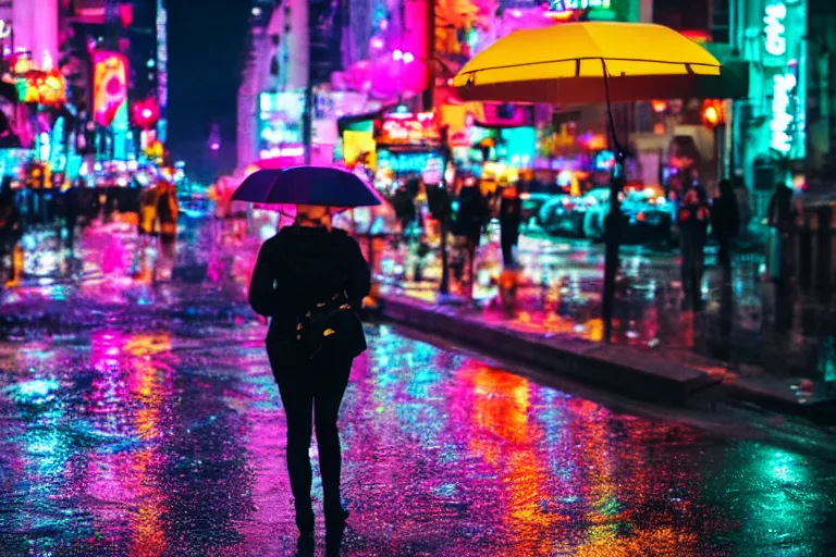 Image similar to canon, 30mm, bokeh, city at night, raining, reflections, people with umbrellas, neon lights