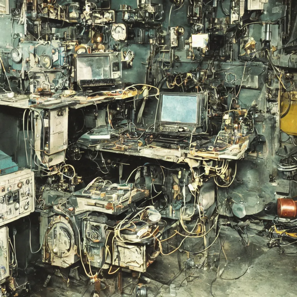 Prompt: 1 9 6 0 s full - color photo of : a complex dieselpunk mechanical metallic personal - computer built in the 1 9 4 0 s, on a workbench inside a greasy factory. its slightly - glowing crt screen is displaying a colorful gui.