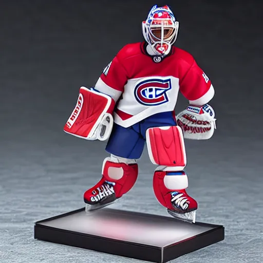 Image similar to high quality portrait flat matte painting of cute Nendoroid figurine of Carey Price Goaltender, in the style of nendoroid and manga NARUTO, number 31 on jersey, Carey Price Goaltender, An anime Nendoroid of Carey Price, goalie Carey Price, number 31!!!!!, full ice hockey goalie gear, Montreal Habs Canadiens figurine, detailed product photo, flat anime style, thick painting, medium close-up