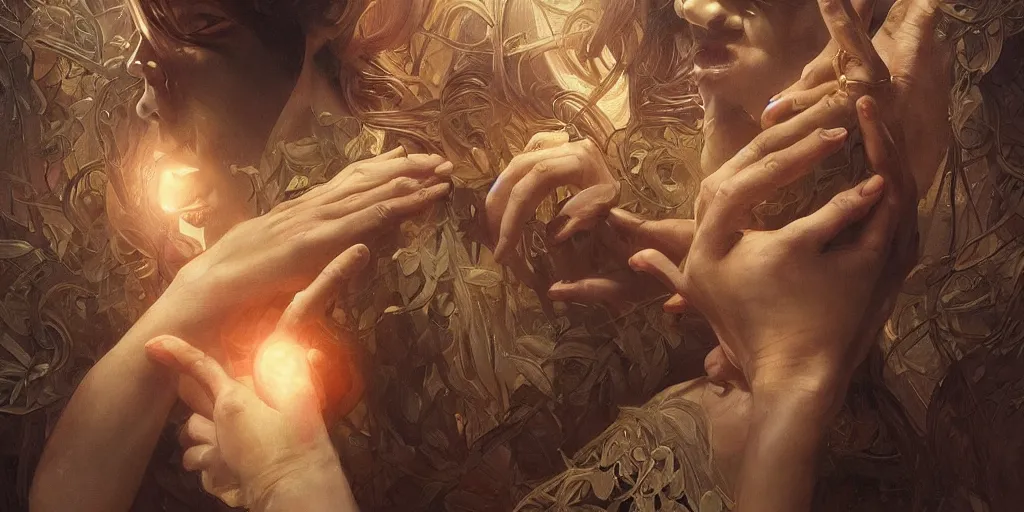 Image similar to too many hands, gnarled, so many hands, fingers, weird amount of hands, intense lighting, light beams, lens flare, intricate, elegant, highly detailed, digital painting, artstation, concept art, smooth, sharp focus, illustration, art by artgerm and greg rutkowski and alphonse mucha