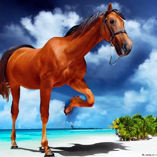 Image similar to a horse got on top of the roof of a plane, and flies it to the maldives, the islands, style of photorealism,