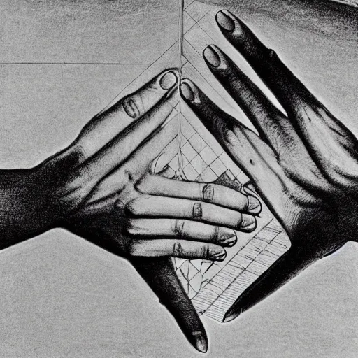 Prompt: M.C. Escher two hands drawing each other with a pencil, with the illusion of being real arms on the edge of the pages