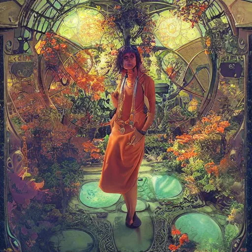 Prompt: dreamlike dieselpunk garden fantasycore, glossy painting, Art Nouveau Cosmic 4k Detailed Matte Illustration featured on Getty Images ,CGSociety, Jade and Carrot orange color scheme, Pastiche by Marc Simonetti, Pastiche by Cedric Peyravernay